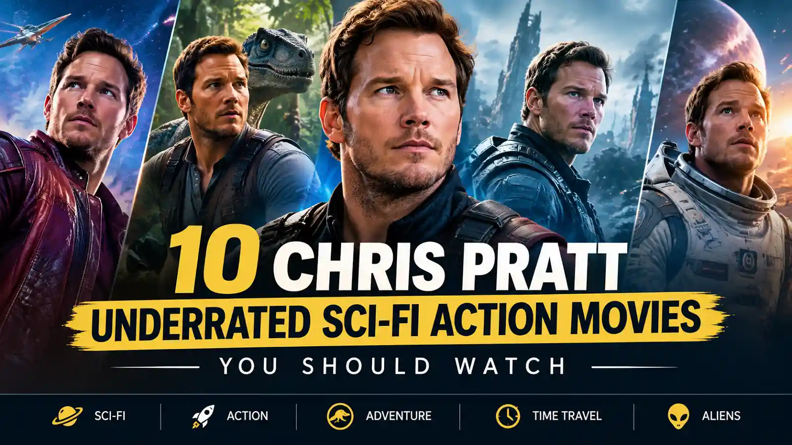 Chris Pratt in a cinematic sci-fi action movie collage