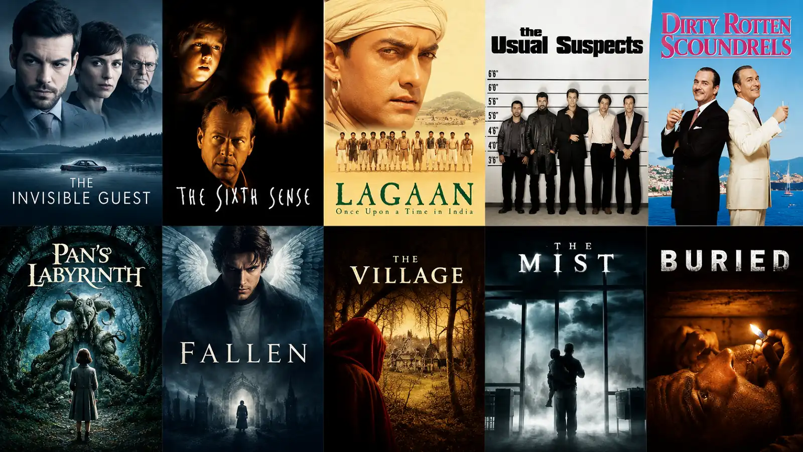 Cinematic 16:9 collage featuring posters from The Invisible Guest, The Sixth Sense, Lagaan, The Usual Suspects, Dirty Rotten Scoundrels, Pan’s Labyrinth, Fallen, The Village, The Mist, and Buried.
