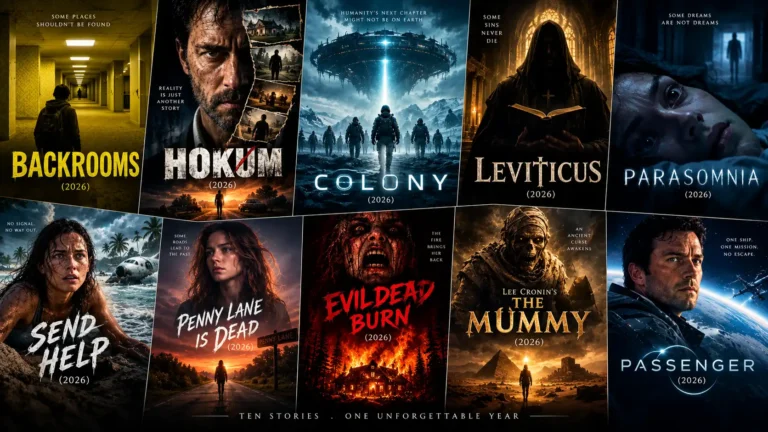 2026 horror and thriller movies poster collage featuring Backrooms, Hokum, Colony, Leviticus, Parasomnia, Send Help, Penny Lane Is Dead, Evil Dead Burn, The Mummy, and Passenger