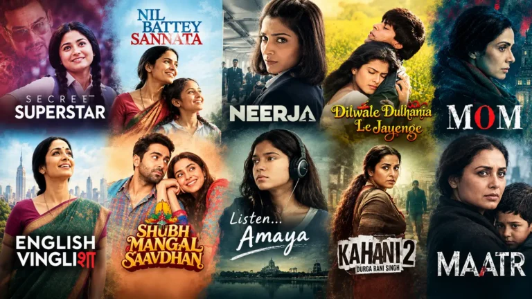 Mother's Day Movies, A cinematic collage featuring posters from 10 Bollywood films including Secret Superstar, Neerja, Mom, English Vinglish, and DDLJ