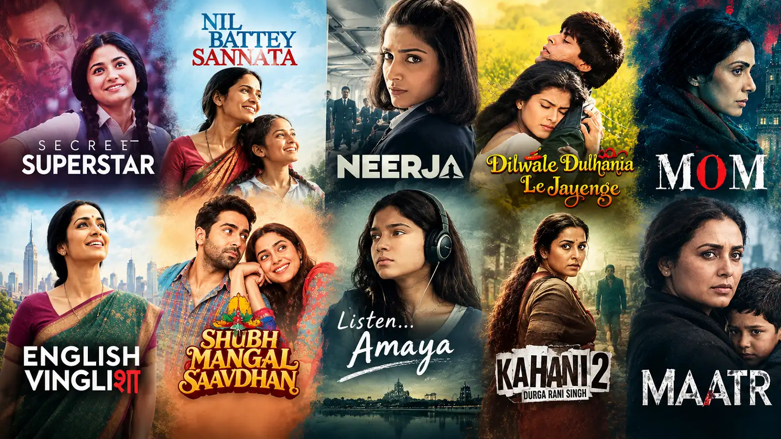 Mother's Day Movies, A cinematic collage featuring posters from 10 Bollywood films including Secret Superstar, Neerja, Mom, English Vinglish, and DDLJ