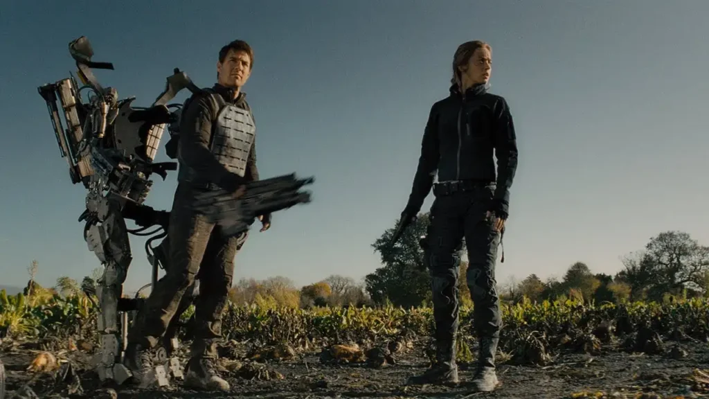 Soldier in futuristic armor during a battle scene in Edge of Tomorrow