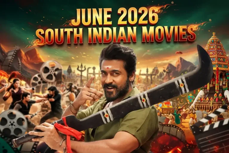 Poster-style montage for the top South films releasing in June 2026 across Telugu, Tamil, Kannada, and Malayalam