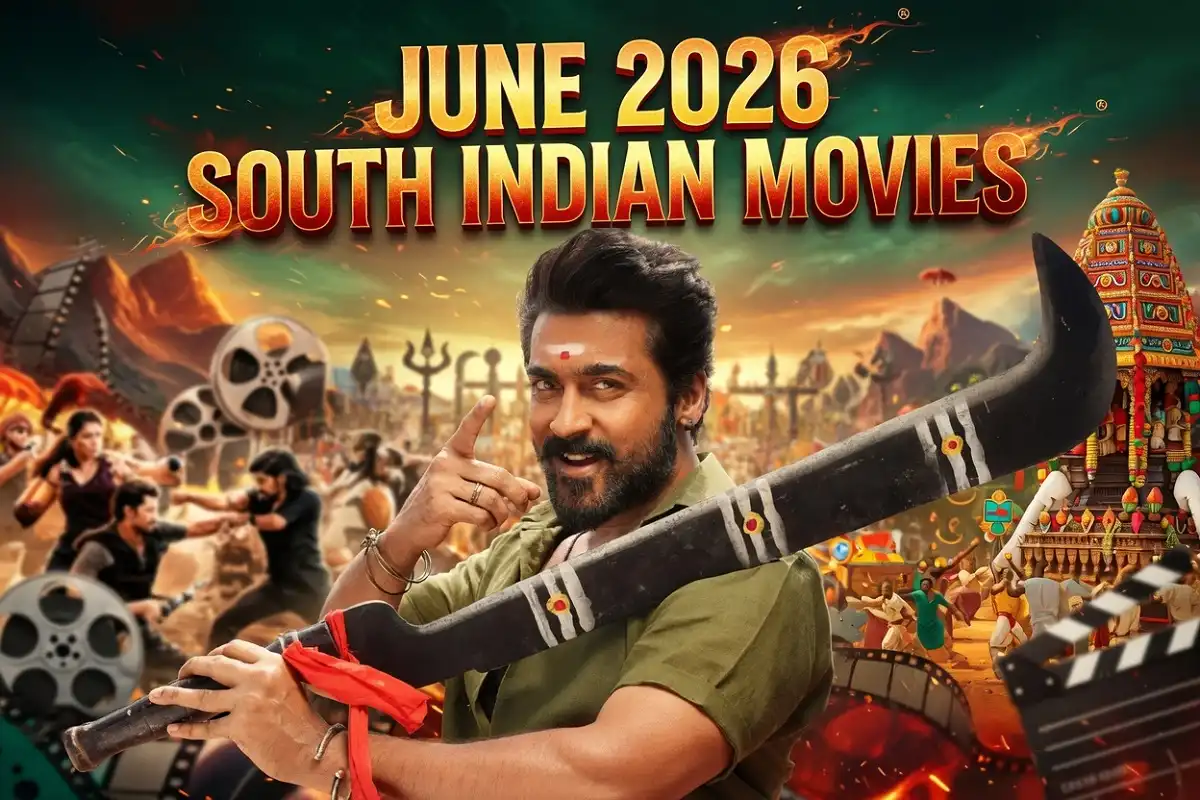 Poster-style montage for the top South films releasing in June 2026 across Telugu, Tamil, Kannada, and Malayalam