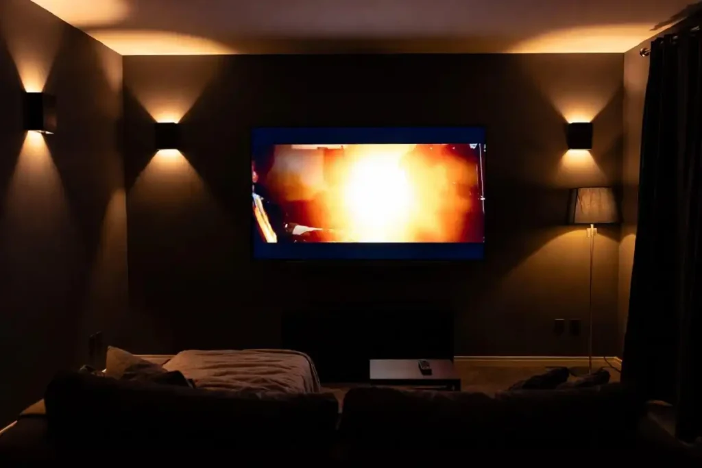 Cozy home cinema setup for watching action movies at night