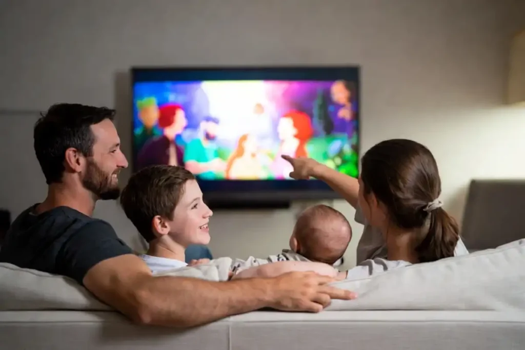 Parents and two children smiling at a bright animated comedy on screen