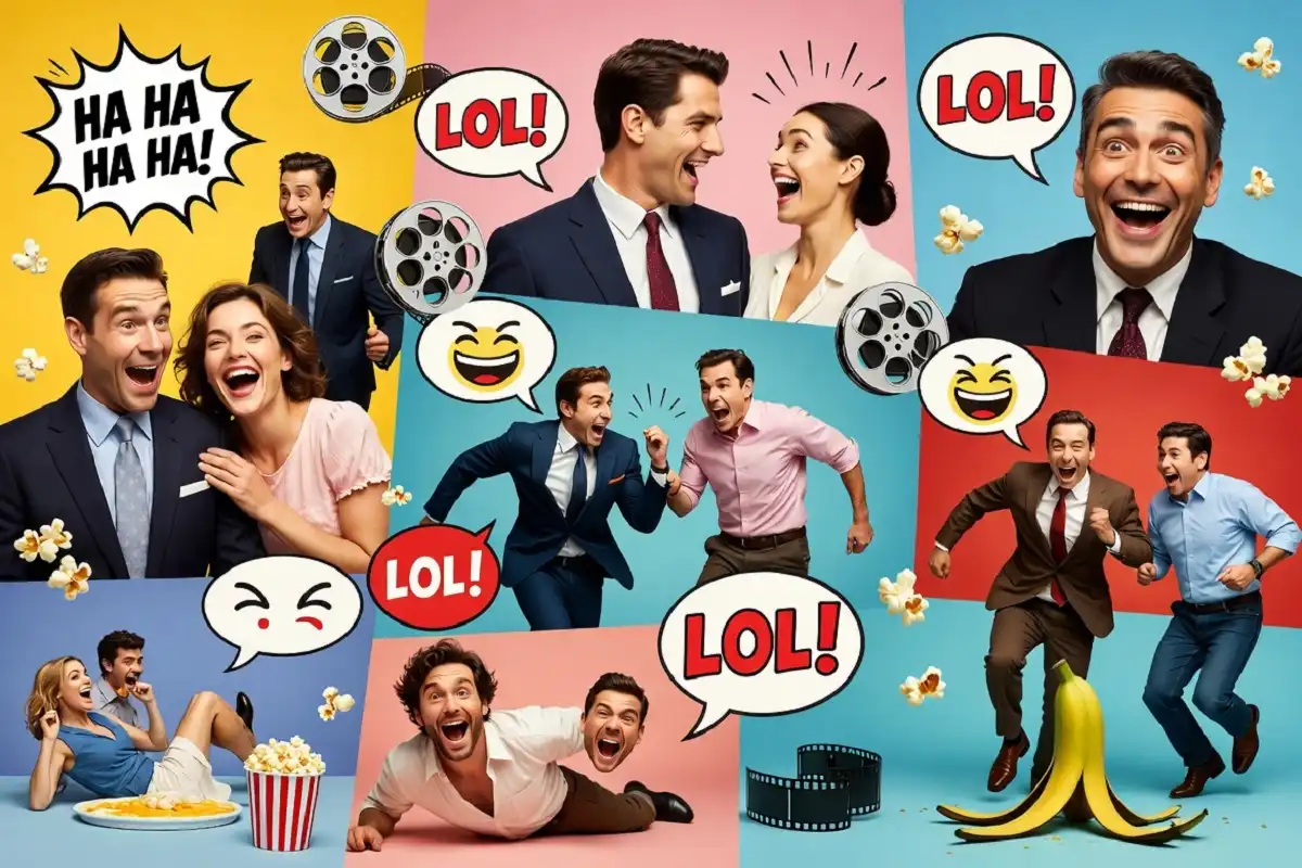 Collage of best comedy movie selections from 2026 showing diverse actors and comedic scenes