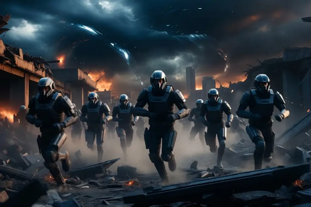 Sci-fi action movie battle scene inspired by Chris Pratt film