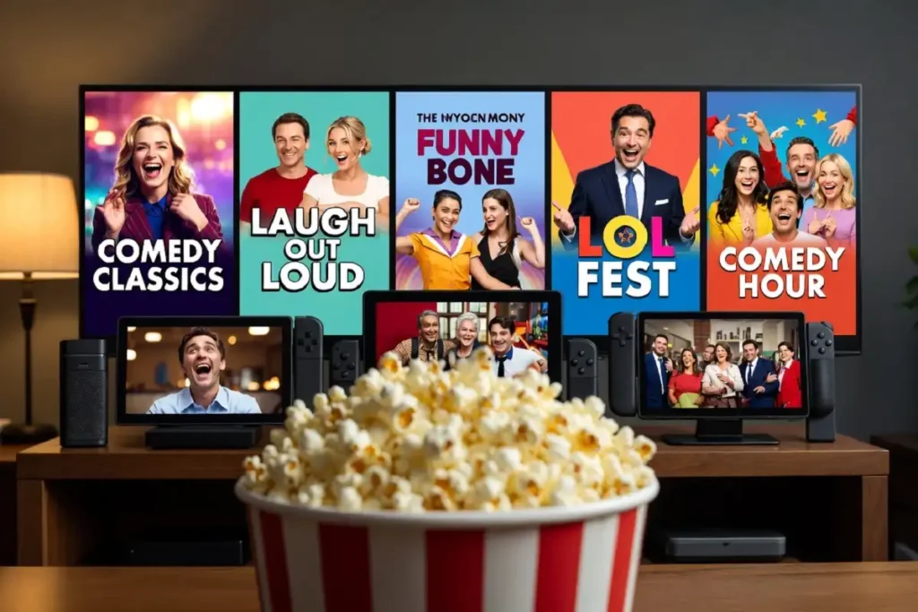 Selection of comedy movie recommendations with popcorn and entertainment setup