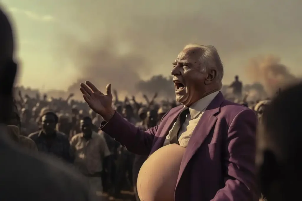 A balding southern oil baron character in a plum suit on a chaotic set