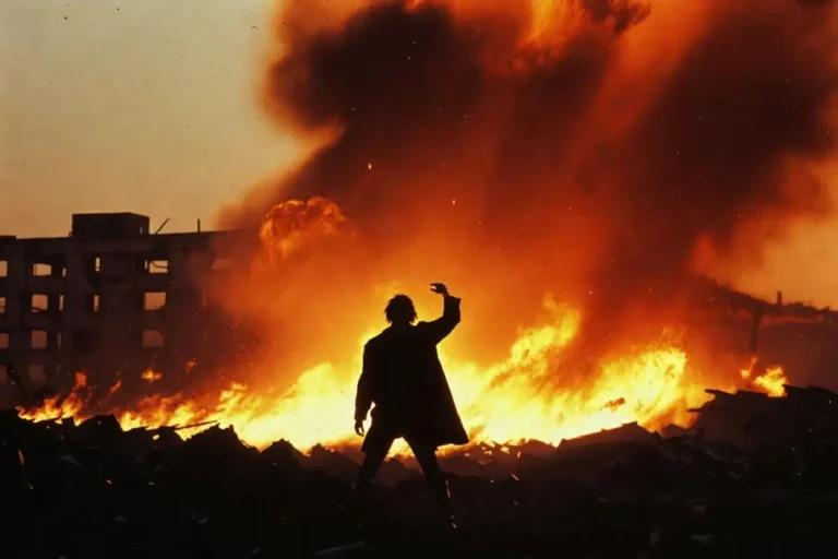 Epic action movie 30 years ago featuring a hero silhouette against a massive explosion