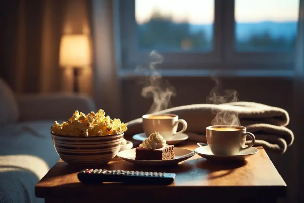 Snacks and popcorn set up for a Mother's Day movie night