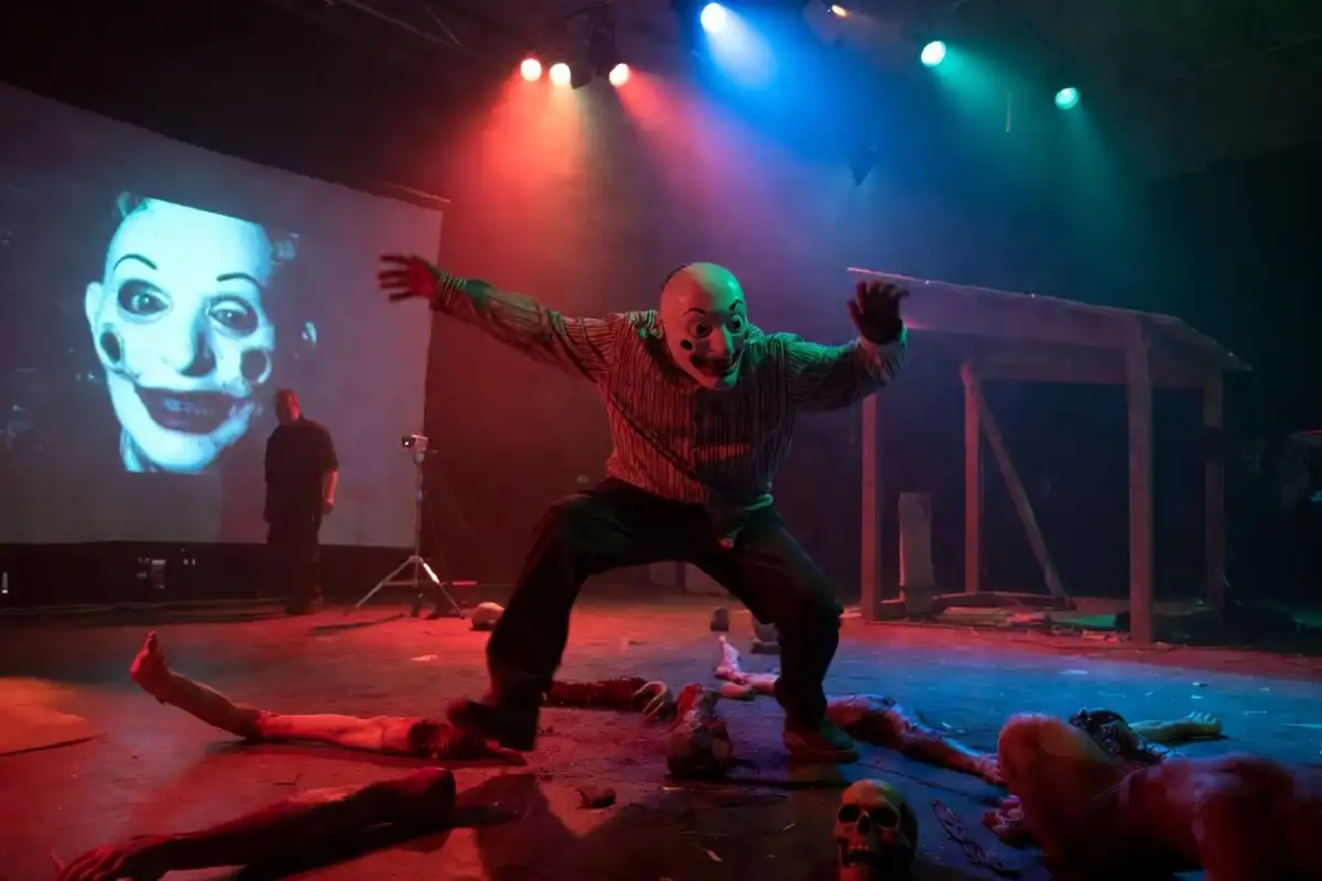 Comedy parody film scene with exaggerated horror props and bright lighting