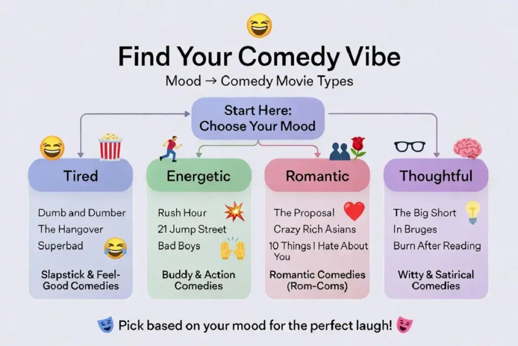 Infographic showing how to select comedy movies based on mood and preferences