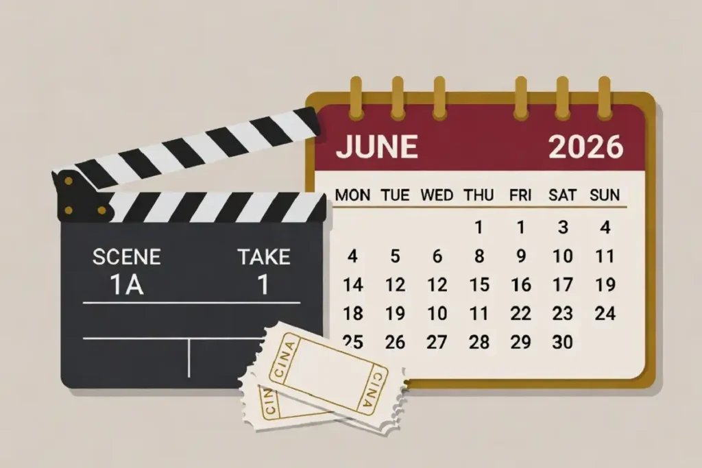 Calendar and clapperboard graphic showing June 2026 South movie release dates