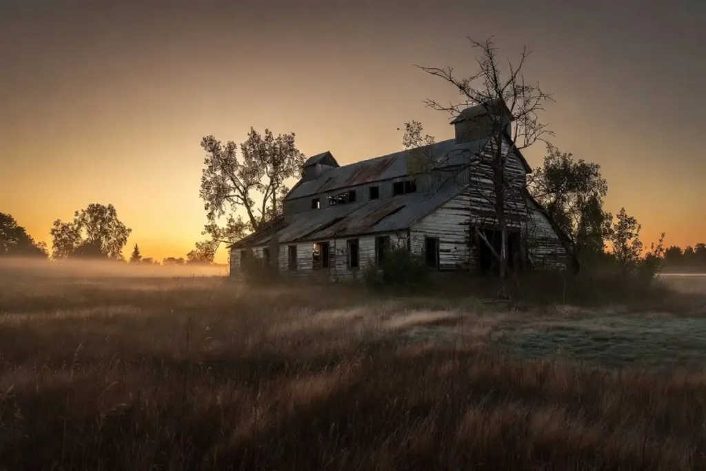 Abandoned mill in a foggy field that sets the eerie tone of the Leviticus plot
