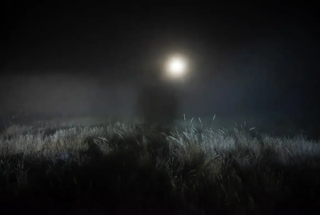 Foggy night field with a faint shadow figure representing the entity in the Leviticus Movie Review