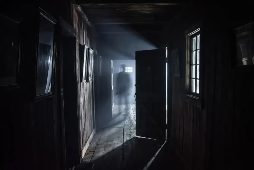 Dark farmhouse hallway with a faint shadow figure suggesting the entity in Leviticus