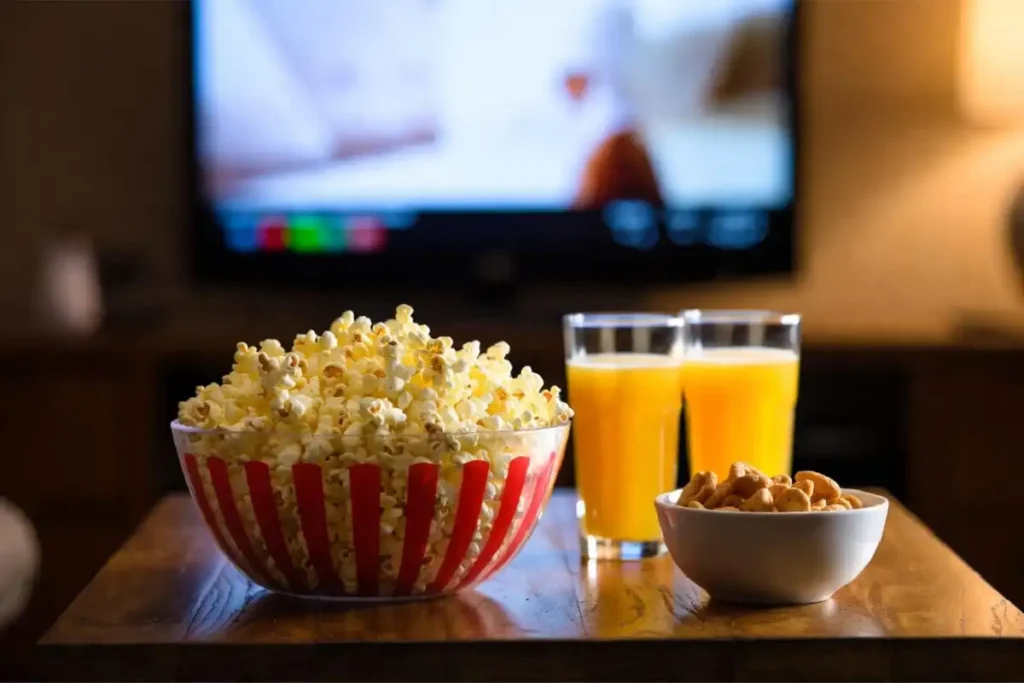 Bowl of popcorn and snacks set up for a family comedy movie night
