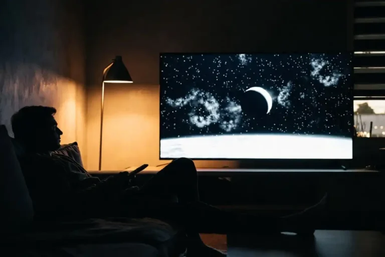 Viewer enjoying classic Roger Ebert sci-fi movies on a home television at night