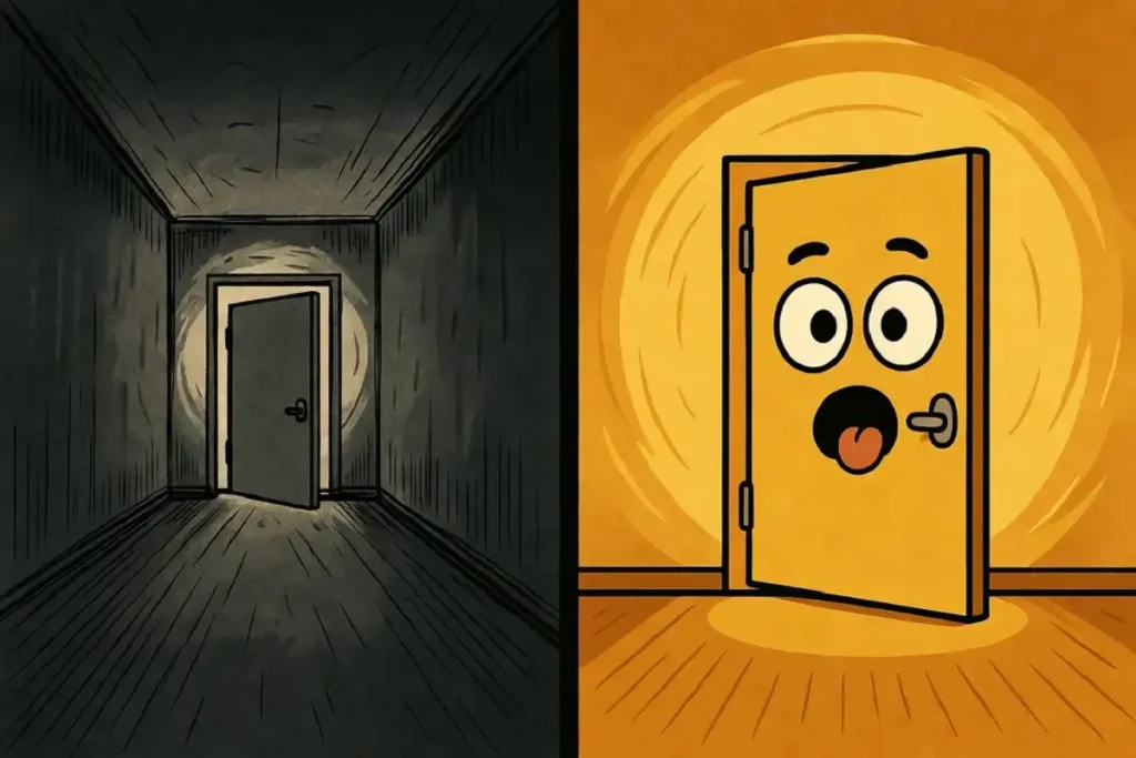 Side-by-side style image of horror tropes turned into comedy gags
