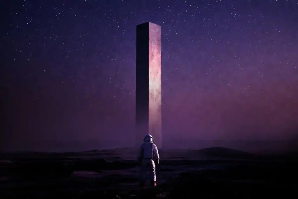 Astronaut facing a monolith illustrating themes in classic science fiction films
