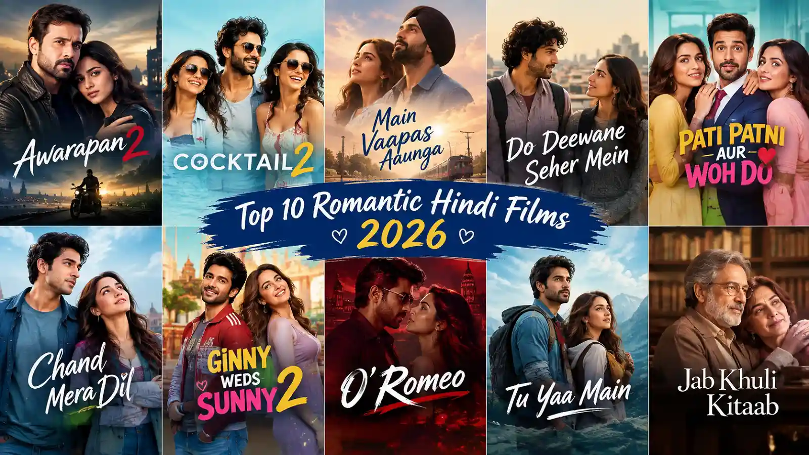 Top Romantic Hindi Film 2026 collage featuring 10 Hindi romantic movies
