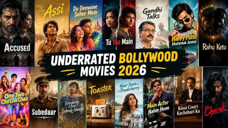 Underrated Bollywood movies 2026 collage featuring 15 Indian movie posters, including Accused, Assi, Do Deewane Seher Mein, Tu Yaa Main, Gandhi Talks, Happy Patel Khatarnak Jasoos, Rahu Ketu, One Two Cha Cha Chaa, Subedaar, Everybody Loves Sohrab Handa, Toaster, Heer Sara Aur Pondicherry, Main Actor Nahin Hoon, Kissa Court Kachahari Ka, and Charak.