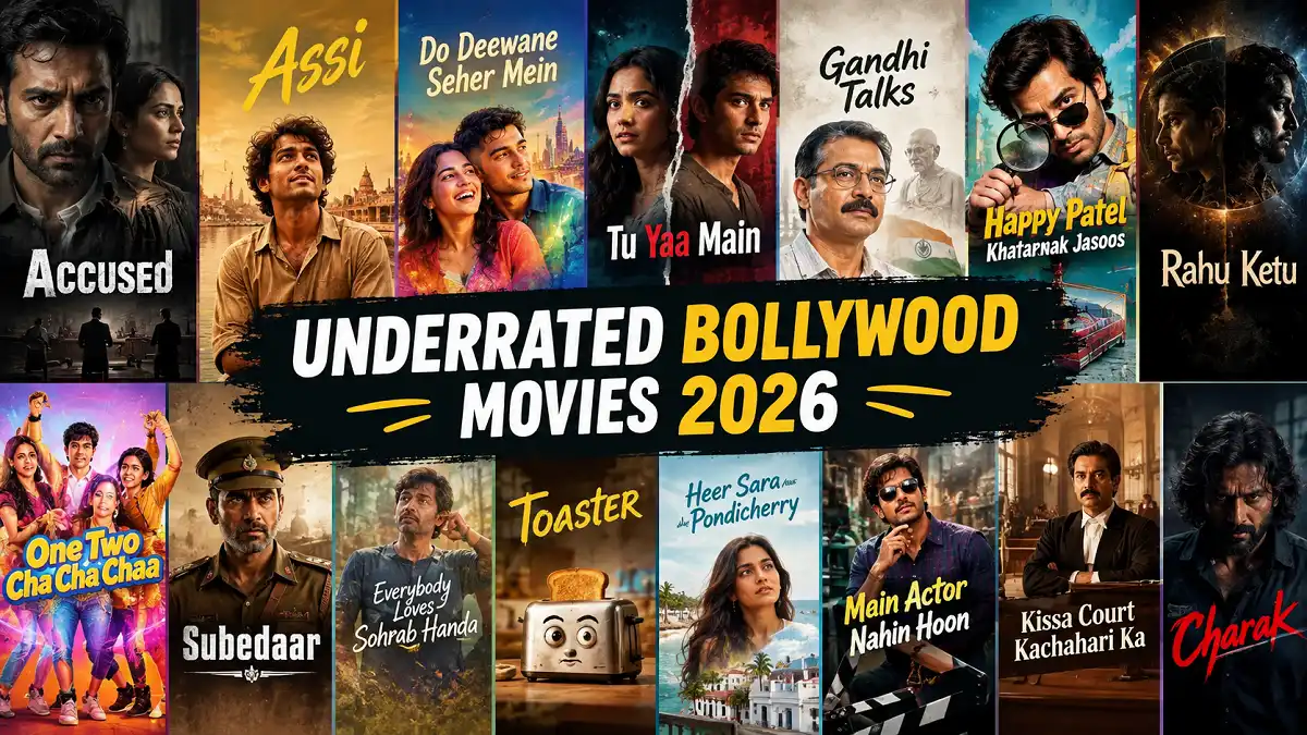 Underrated Bollywood movies 2026 collage featuring 15 Indian movie posters, including Accused, Assi, Do Deewane Seher Mein, Tu Yaa Main, Gandhi Talks, Happy Patel Khatarnak Jasoos, Rahu Ketu, One Two Cha Cha Chaa, Subedaar, Everybody Loves Sohrab Handa, Toaster, Heer Sara Aur Pondicherry, Main Actor Nahin Hoon, Kissa Court Kachahari Ka, and Charak.