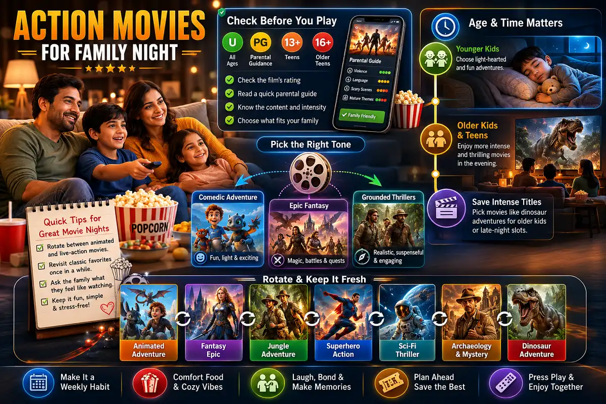 Editorial infographic showing a family choosing action movies with age ratings, genre options, viewing tips, and a rotating lineup of family-friendly adventure themes.