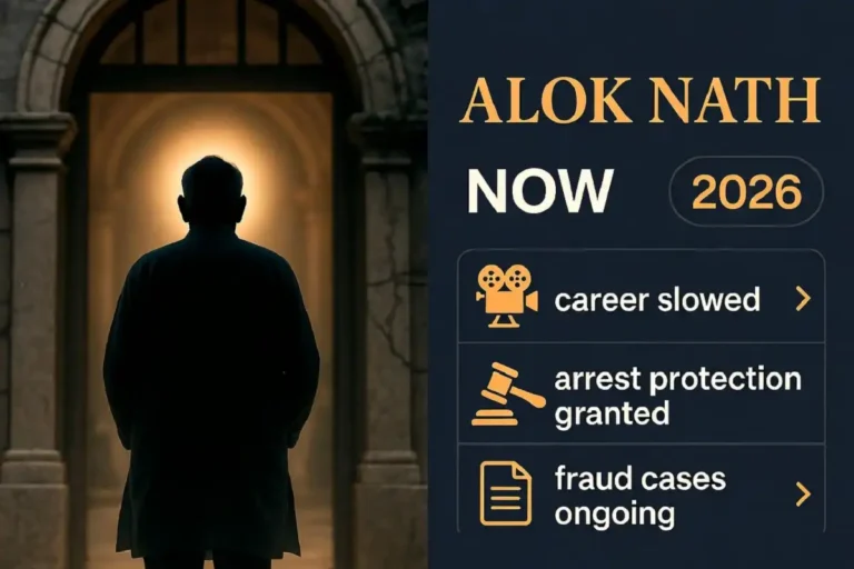 Infographic explaining Alok Nath Now in 2026 with his career, fraud cases and Supreme Court arrest protection