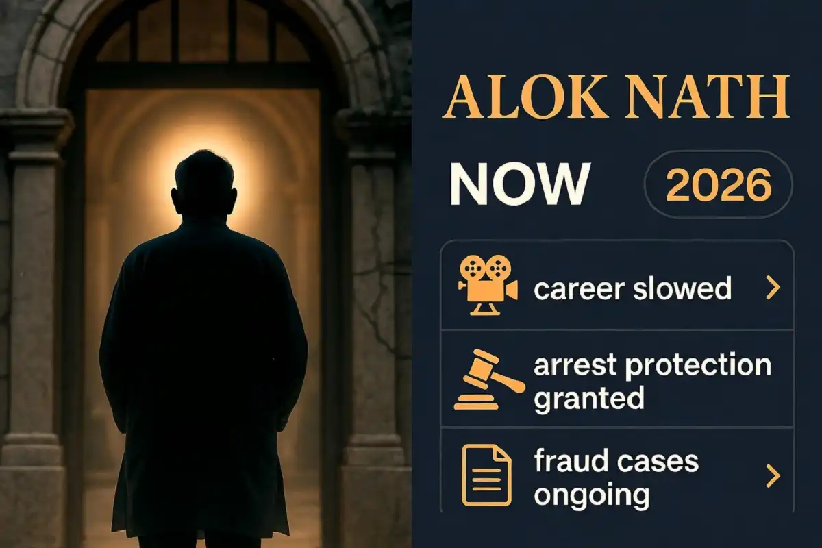 Infographic explaining Alok Nath Now in 2026 with his career, fraud cases and Supreme Court arrest protection