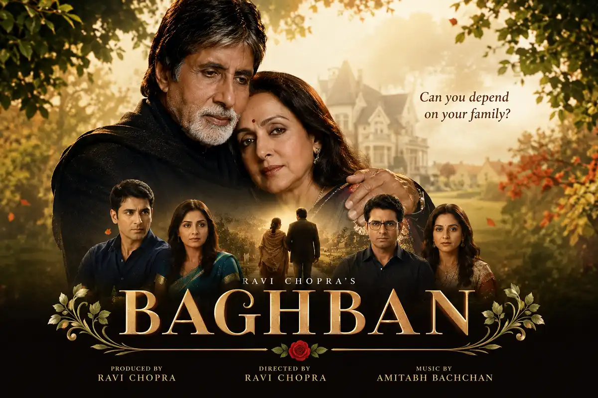 Infographic inspired by Baghban featuring an elderly Indian couple, family relationships, and themes of love, sacrifice, and family values in a warm cinematic style.