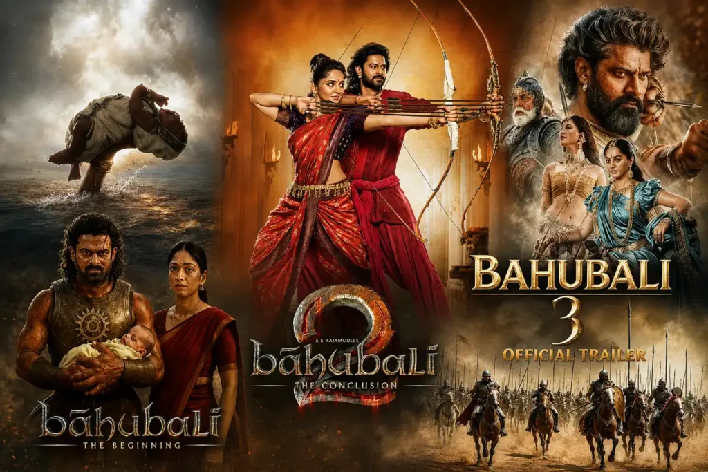 Collage combining three Bahubali movie posters with warriors, royalty, battles, and an epic fantasy theme.