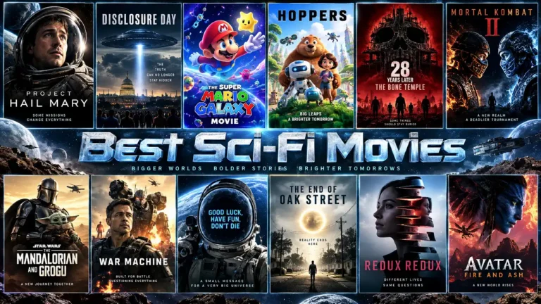 Best Sci-Fi Movies collage featuring futuristic movie posters and cosmic scenes