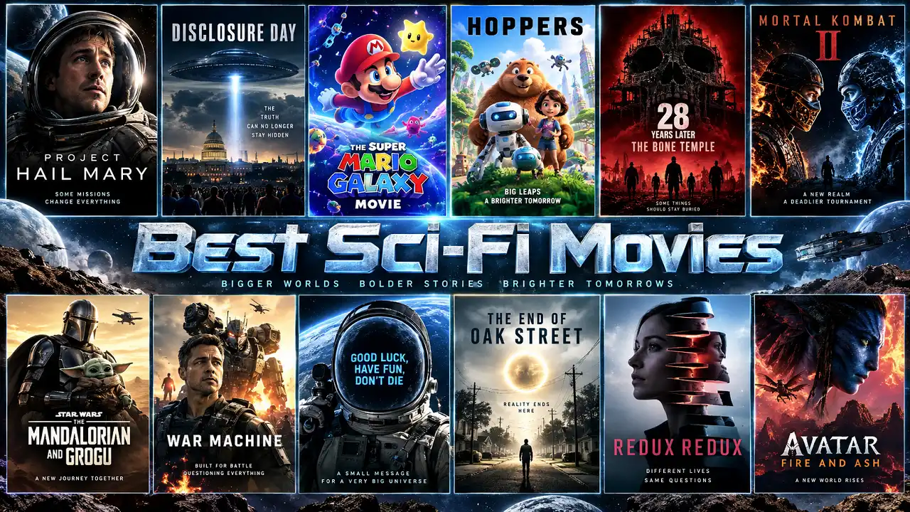 Best Sci-Fi Movies collage featuring futuristic movie posters and cosmic scenes