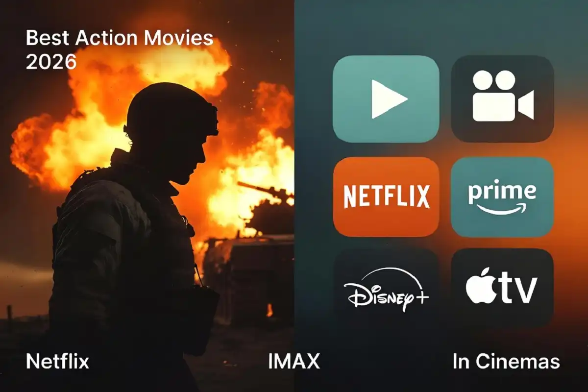 Infographic showing the best action movies of 2026 and the legal platforms to watch them on
