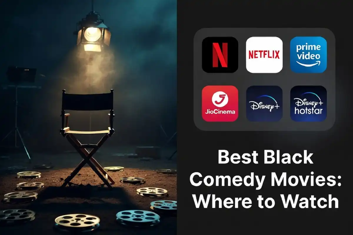 Infographic showing the best black comedy movies and the streaming platforms where you can watch them legally