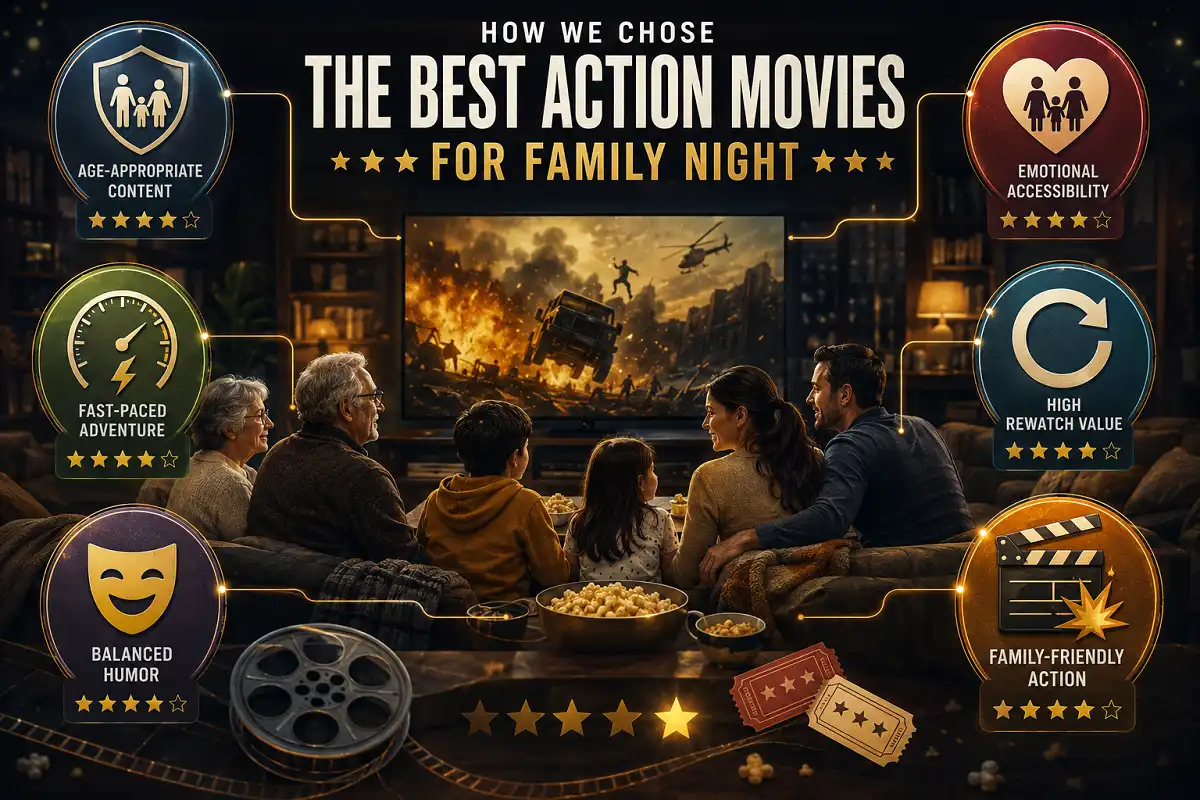 Editorial infographic showing a family movie night with visual icons representing age-appropriate action, humor, emotional themes, rewatch value, and fast-paced entertainment.