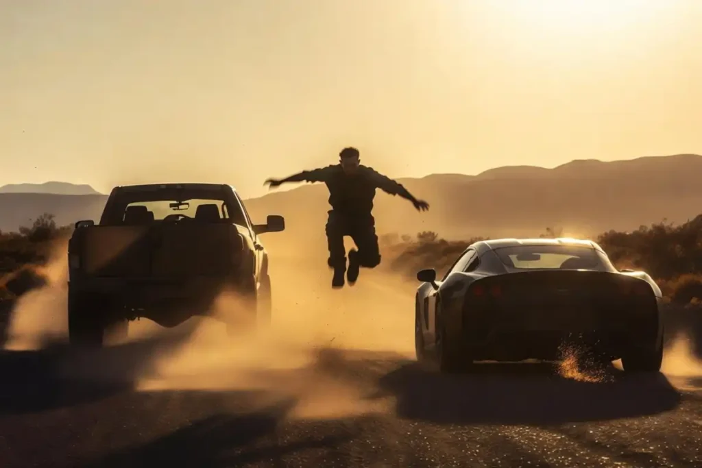 Desert chase stunt illustrating the greatest action movies of the modern era