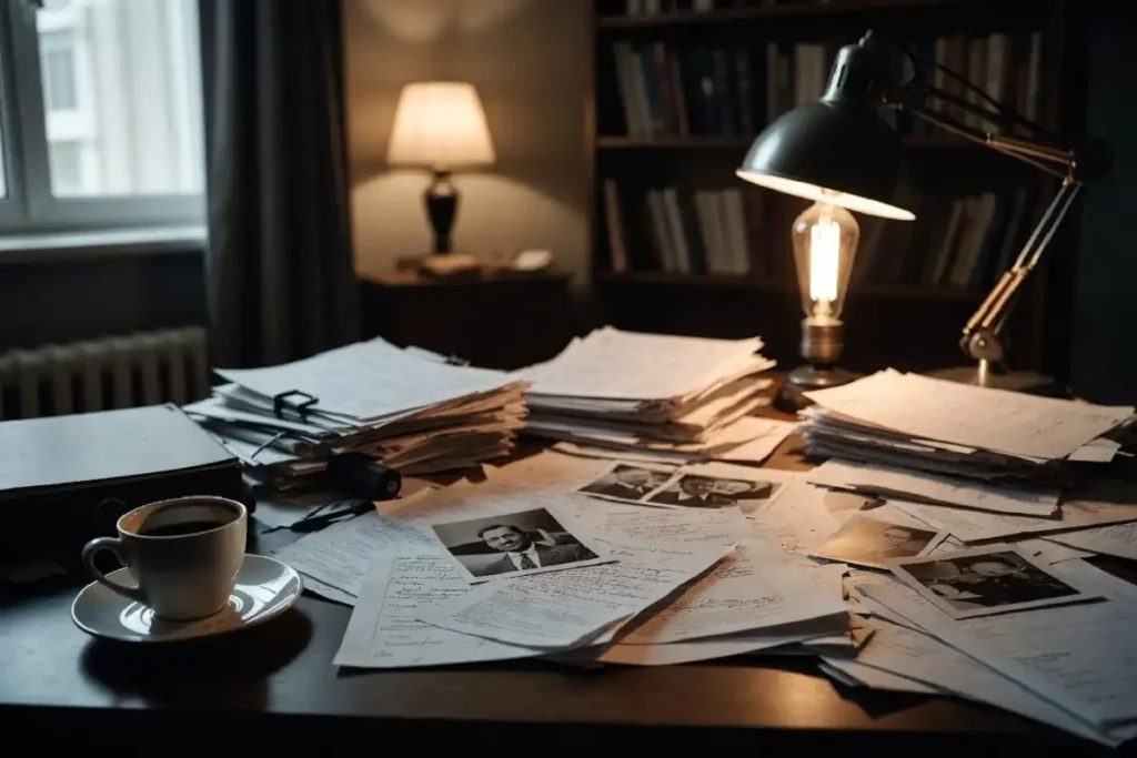 Desk scene evoking the tone of Hollywood black comedy movies like Fargo and In Bruges