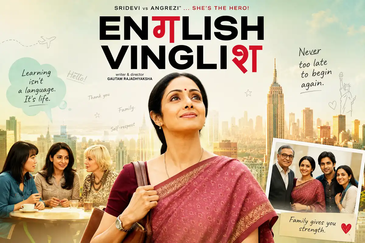 Infographic inspired by English Vinglish showing an Indian woman gaining confidence through learning English, with family, education, and self-discovery themes in a warm cinematic style.