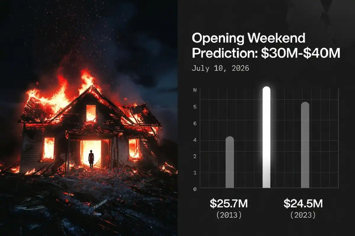 Evil Dead Burn box office infographic showing a predicted $30M to $40M opening weekend beside a burning house horror scene