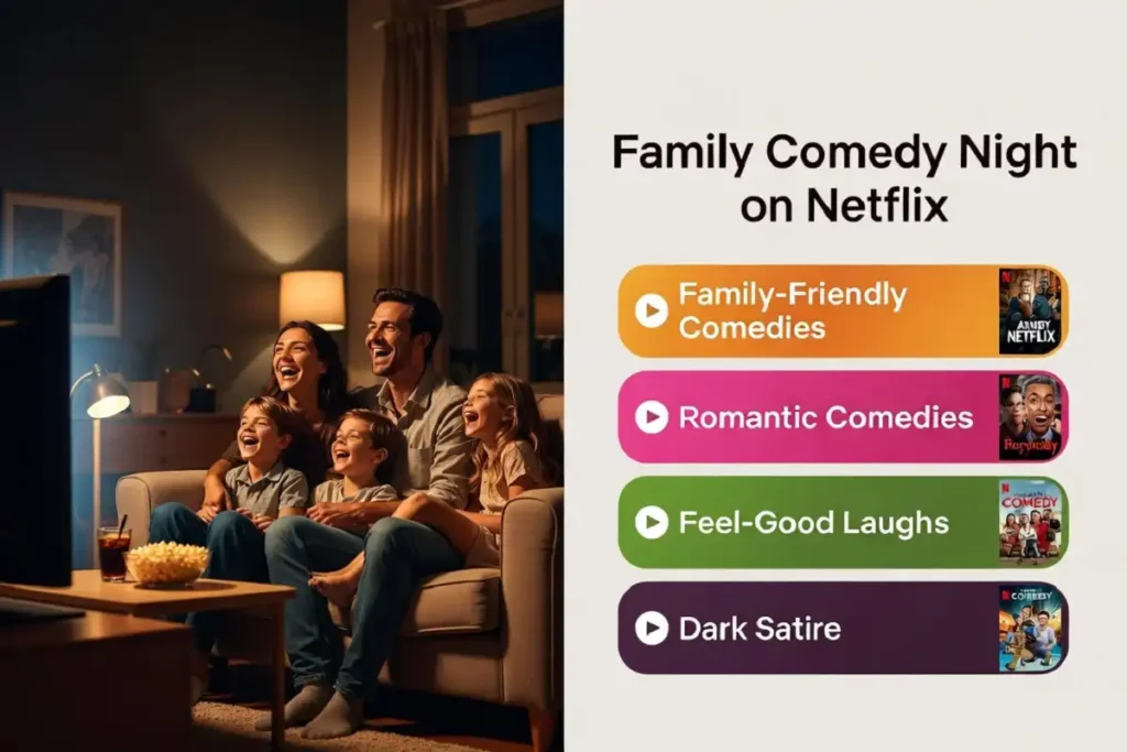 Family enjoying best comedy movies on Netflix together in living room, laughing at shared entertainment