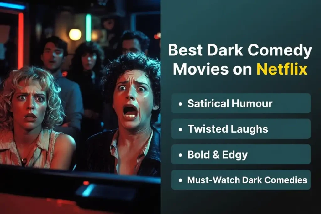 Dark comedy film scene showcasing best comedy movies on Netflix with satirical humour and bold cinematography