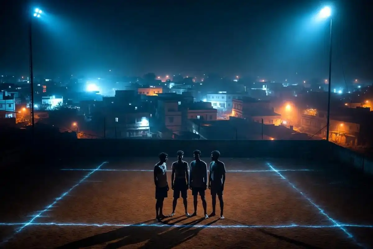 Scene evoking the Balti plot with four kabaddi-playing friends in a border town