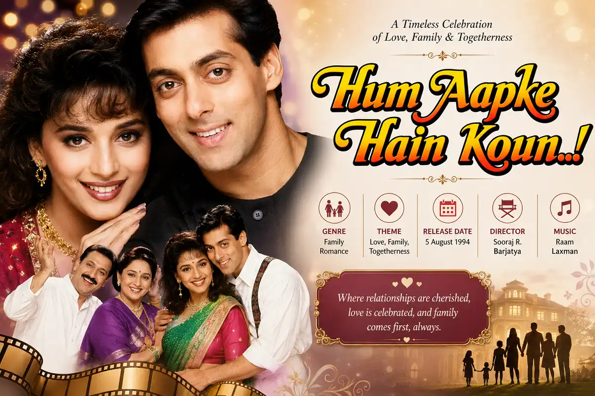 Infographic poster inspired by a classic Bollywood family romance, featuring a smiling couple, family members, and themes of love, family, celebration, and togetherness in a warm cinematic style.