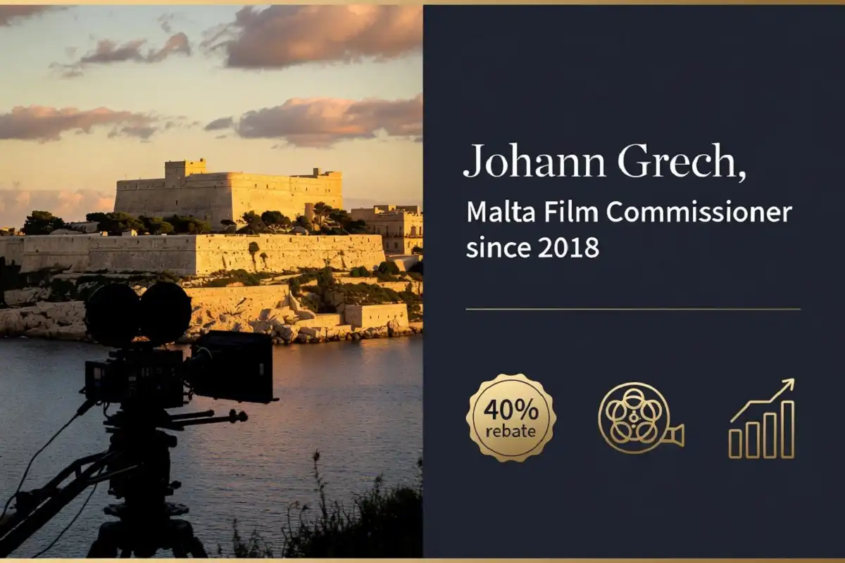 Malta Film Commissioner infographic showing Johann Grech has held the post since 2018, with a coastal film set and 40 percent rebate icon