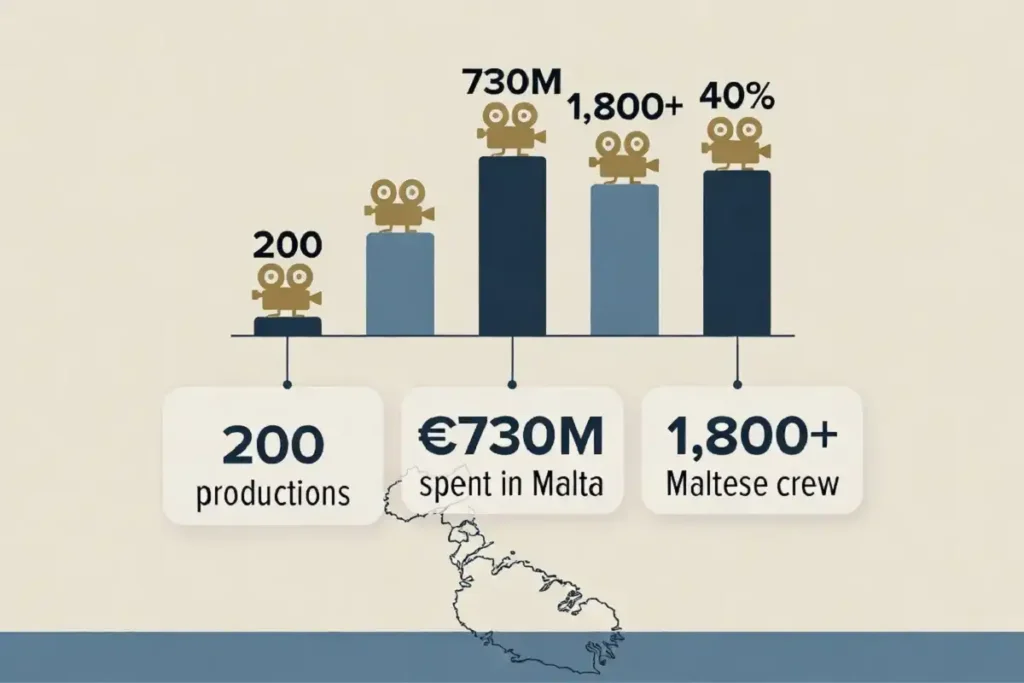Infographic of Malta film industry statistics achieved under the Malta Film Commissioner, including 200 productions and a 40 percent rebate