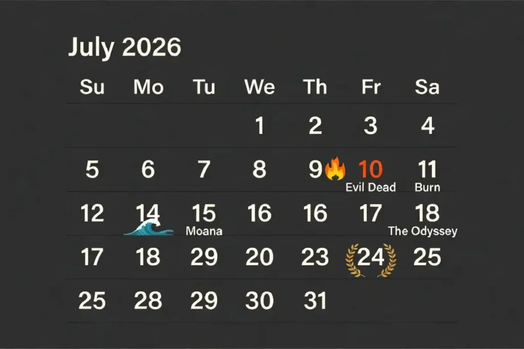 Calendar infographic showing the Evil Dead Burn release date on July 10, 2026 alongside Moana and The Odyssey